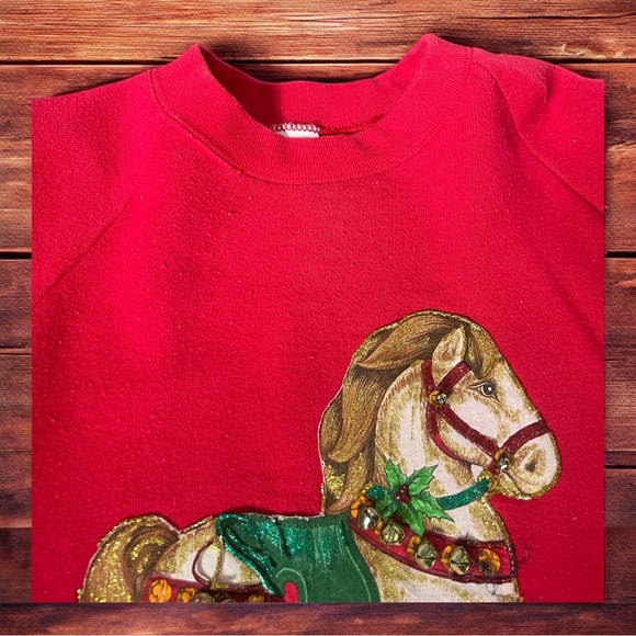 Handmade holiday rocking horse outlined with 90’s puff paint red sweatshirt. - Picture 3 of 6